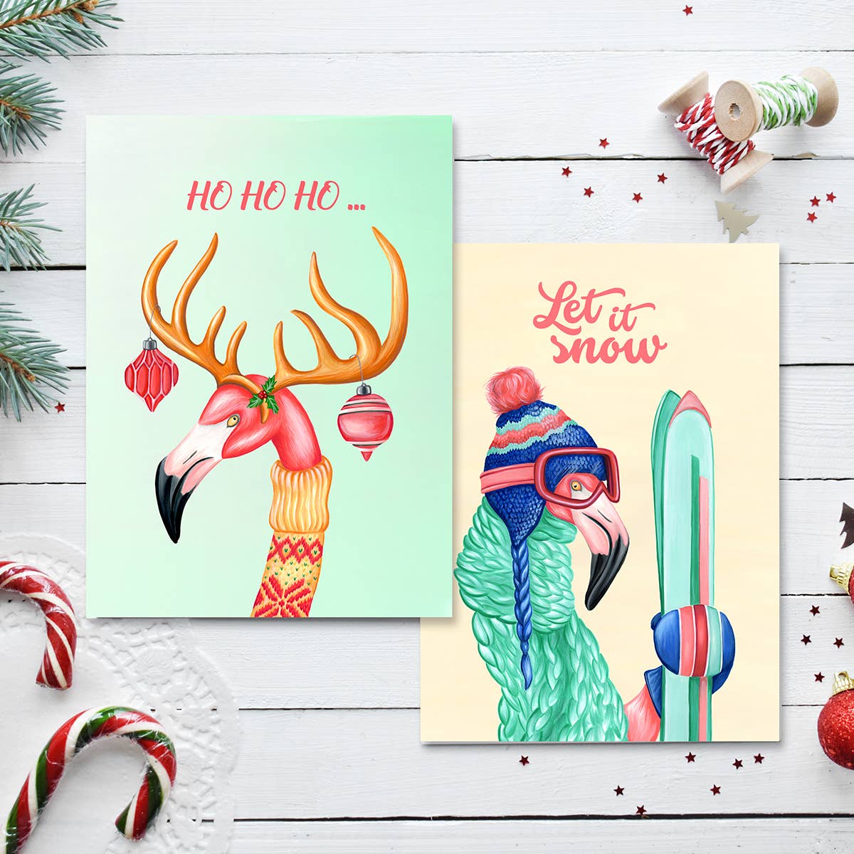 Sardines Studio - Wholesale Christmas Card - Flamingo skier Greeting Card3