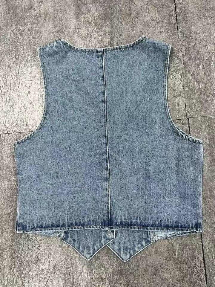 Blue Stylish Casual V-Neck Denim Vest for wholesale on Faire1