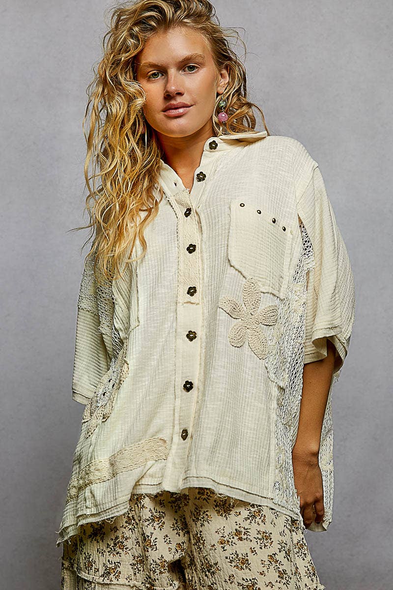 Pol Clothing - Wholesale Button Down Shirt - Women's - Collared Studded Button-down Short Sleeve Knit Shirt Top29