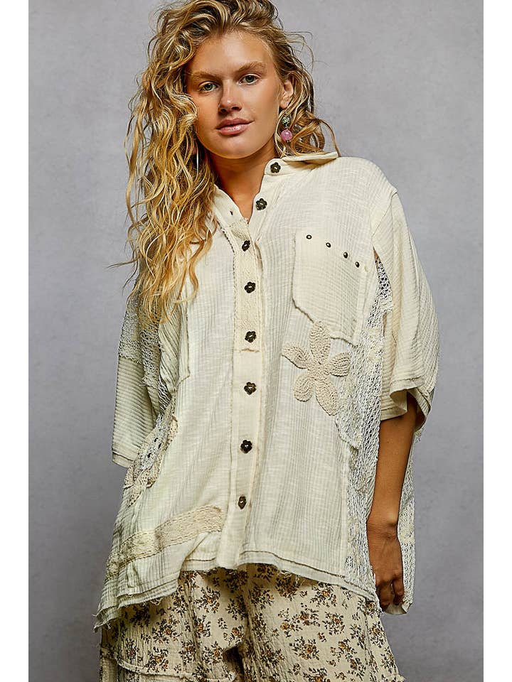 Pol Clothing - Wholesale Button Down Shirt - Women's - Collared Studded Button-down Short Sleeve Knit Shirt Top29