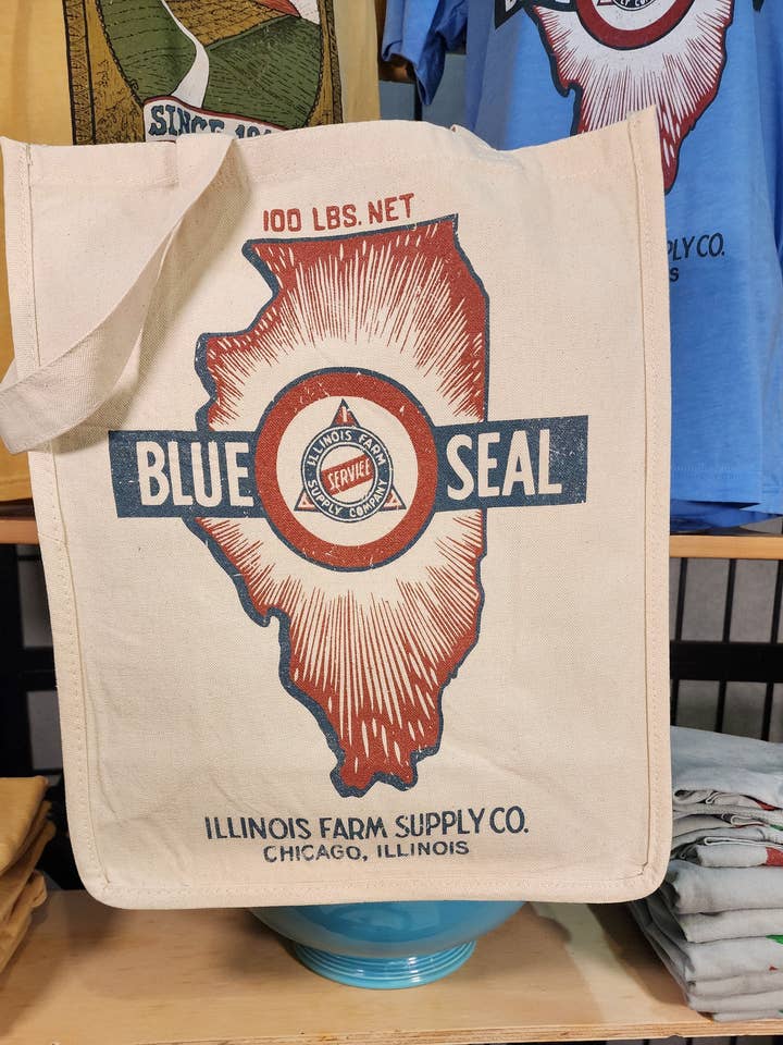 Design de sac à graines vintage ; sac Farmer's Market « Blue Seal/Illinois Farm Supply Co », naturel pour la vente par Seed House Prints