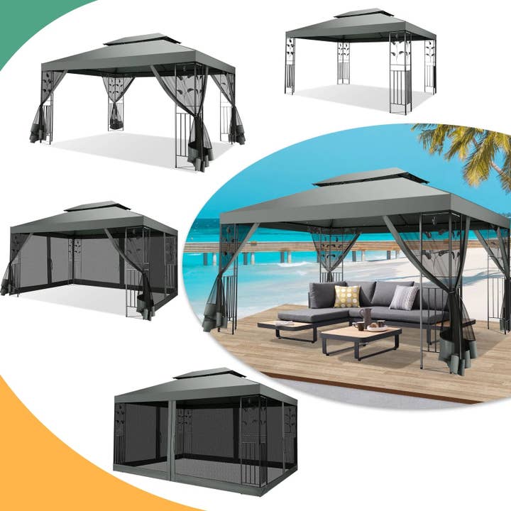 ShipItFurniture - Wholesale Tent - 10' X 13' Pop up Gazebo, Screened Patio Gazebo, Outdoor Steel Double Roof Canopy Tent, Metal Frame Canopy with Mosquito Netting, Sunshade for Garden, Lawns, Gray5