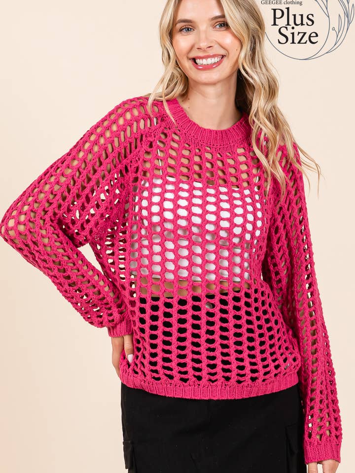 Plus Hollow Knit Long Sleeve Top, OT50910PL for wholesale by GeeGee x Lovelo