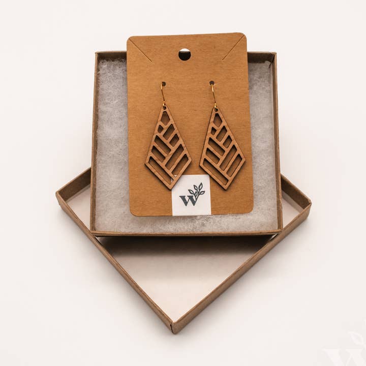 Herringbone Laser Cut Hardwood Earrings for wholesale by Wildewood Handcrafted Goods