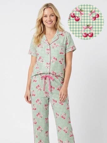 Gingham Plaid Fun Cherry - 2-Piece Notch PJ Set Side Slit for wholesale by HAUTE AFFAIRES NYC INC