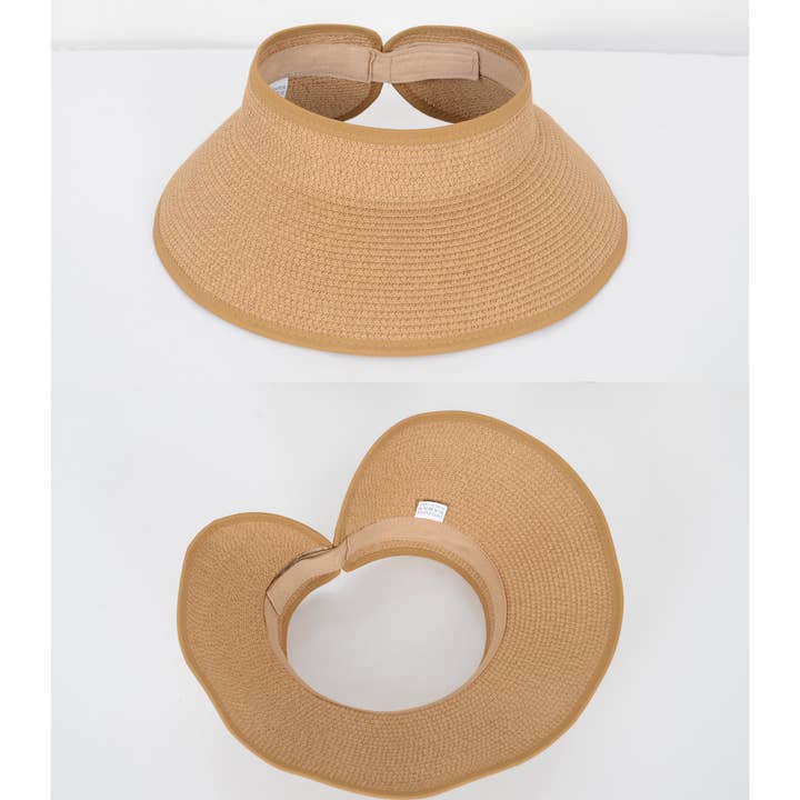 AK Brand – wholesale Visor – Women's – Wide Brim Roll-Up Straw Sun Visor Packable Beach Hat UV23