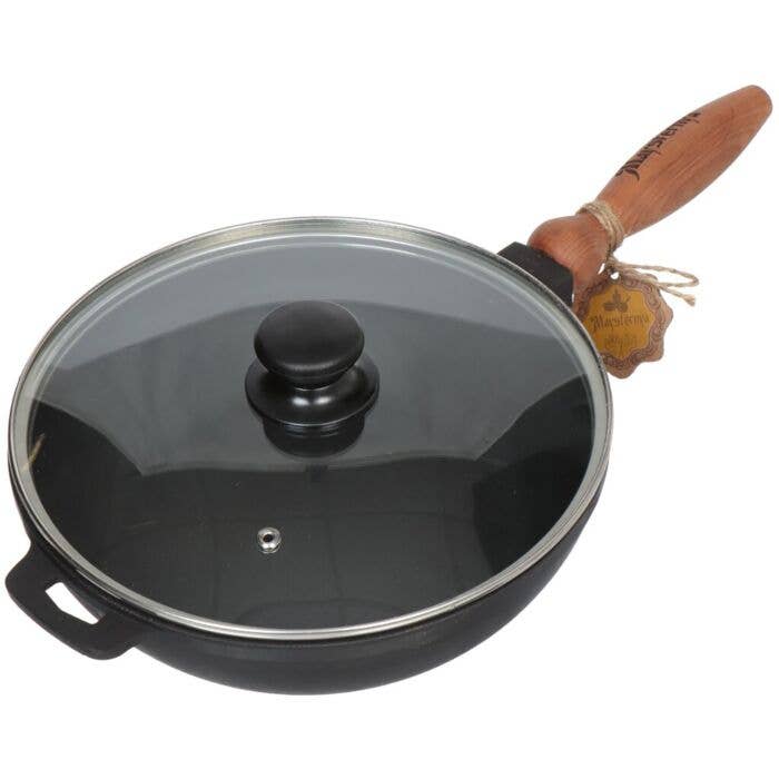STP - Wholesale Cast Iron Skillet - Cast Iron Pan Brazier with Wooden Handle and Glass Lid