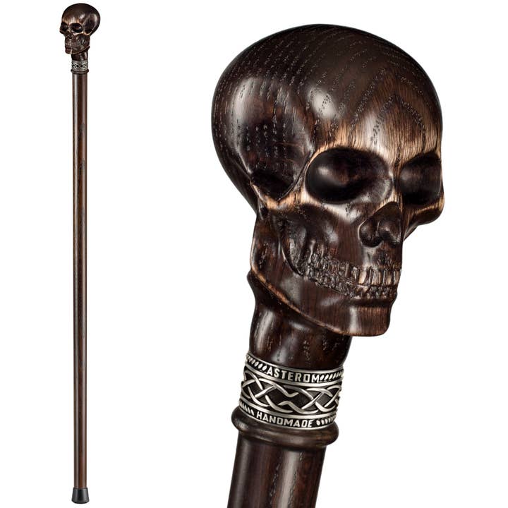 Carved Skull Walking Cane – Handmade Knob Wooden Stick for wholesale by Asterom Canes