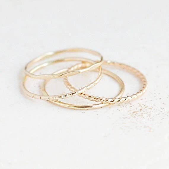 Meadowbelle - Wholesale Band/Stacked Ring - Gold Stacking Rings. Set Of Four. Skinny Slim. Stack Ring. Hammered. Shiny. 14K Gold Filled Classic Stack Ring. Knuckle Ring. Midi Ring.