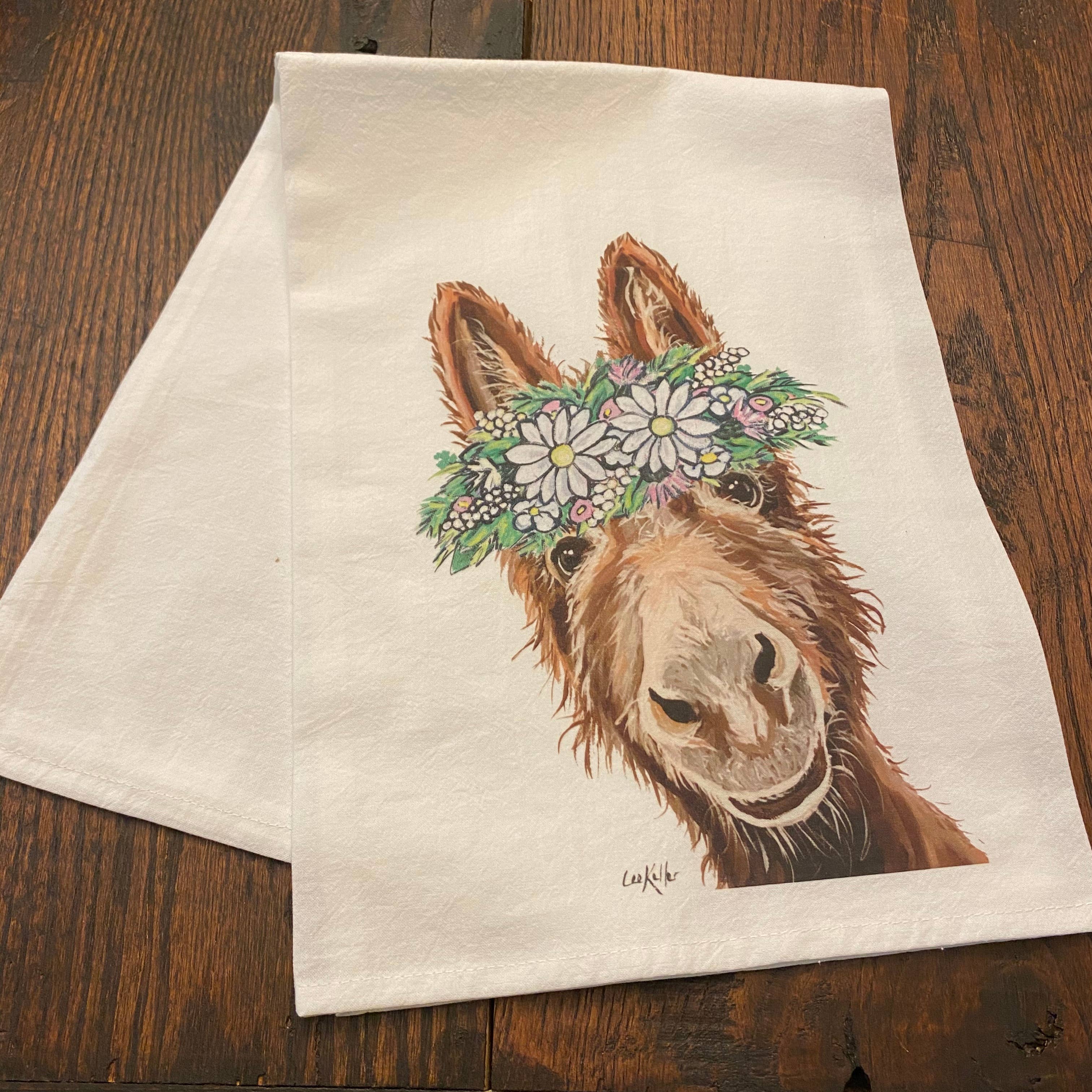 Hippie Hound Studios – wholesale Tea towel – Donkey Flour Sack Towel, Donkey with Daisies Tea Towel2