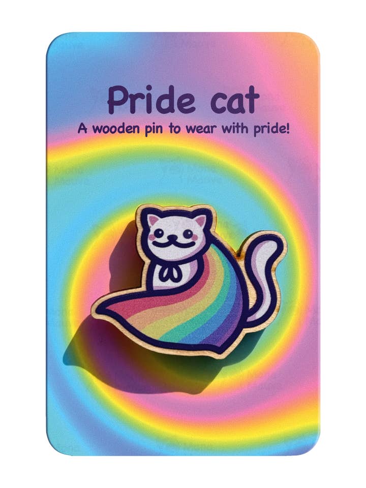 LGBTQ+ Pride Kitten Badge | Cute Cat Wooden Pin for wholesale by Mona Mauve • Silly Art!