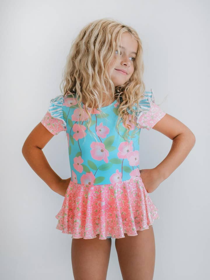 Oopsie Daisy - Wholesale Leotard - Kids - Kids Pink & Blue Blossom Floral Dance Tumble Skirted Leotard
