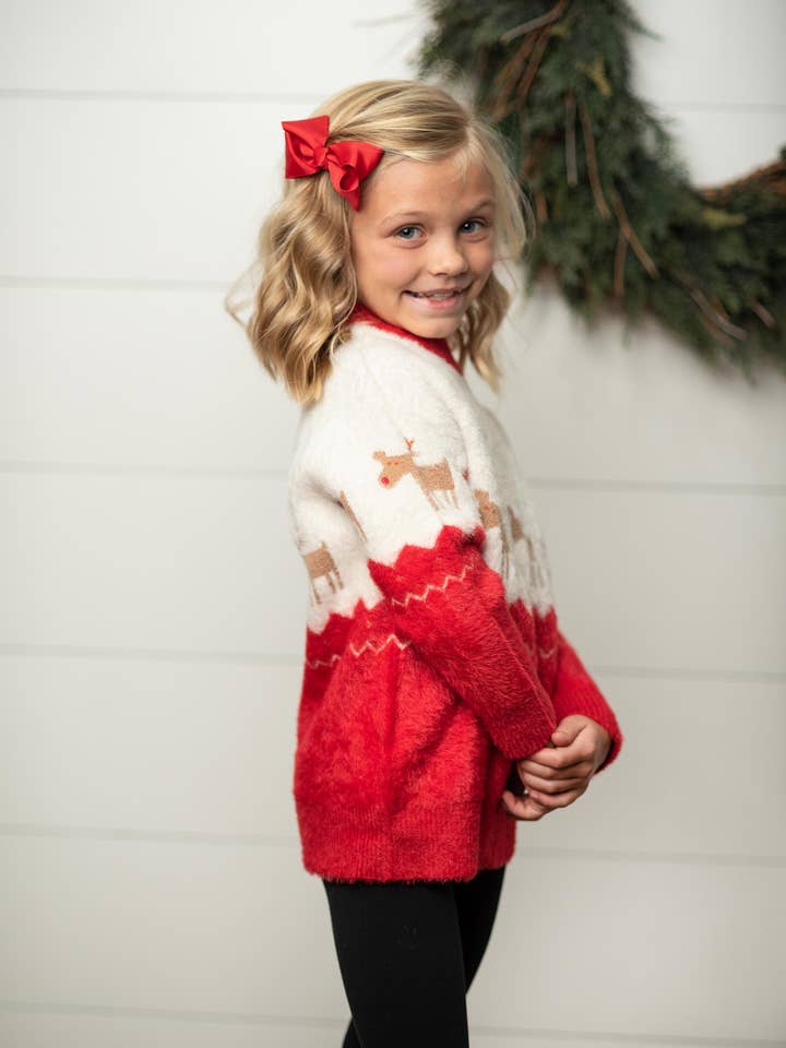Adorable Sweetness - Wholesale Knit Sweater - Kids - Kids Fuzzy Soft Christmas Holiday Reindeer Crew Neck Sweater