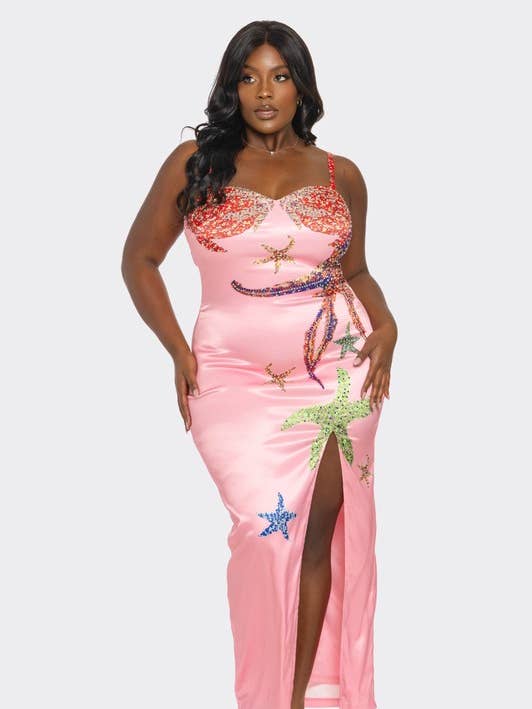 BDS62580P1 Maxi-jurk met zeesterprint van satijn in plus size voor wholesale door BANJUL