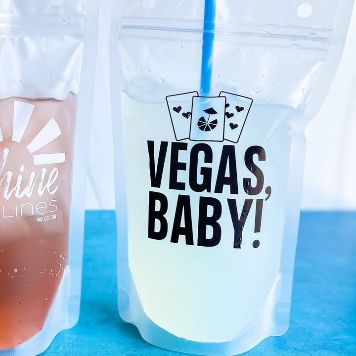 Sacchetto per bevande riutilizzabile - Vegas Baby - Confezione da 8 + cannucce per la vendita all'ingrosso da parte di InBooze