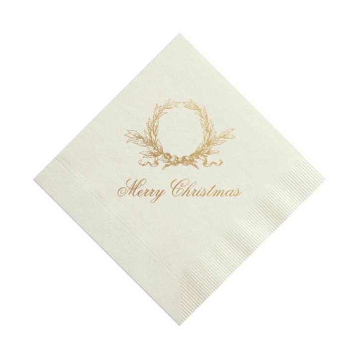Gold on Cream wreath Merry Christmas Cocktail Napkin for wholesale by Kate Chambers Designs