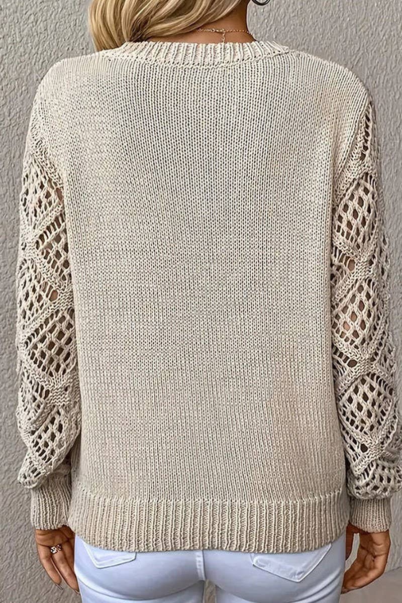 NINEXIS - Vente Pull en maille – femme - CWOSWL5807_HOLLOW HAUT EN TRICOT À MANCHES LONGUES ET COL EN V1