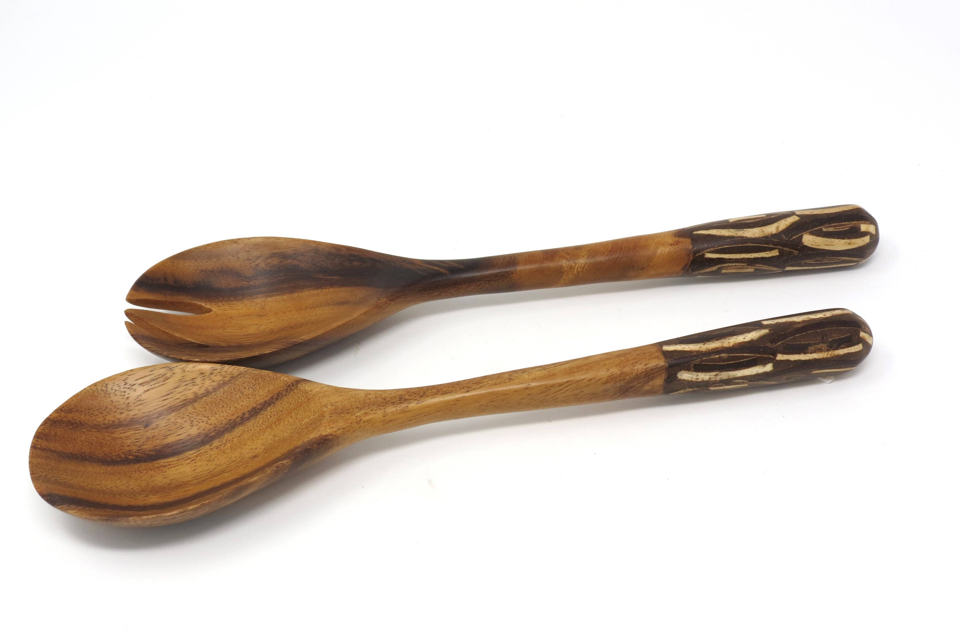 Fair Together - Vendita all'ingrosso Set di posate assortite - Cucchiai per insalata con intarsi in bambù, noce di cocco o cannella5