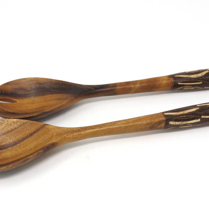 Fair Together - Vendita all'ingrosso Set di posate assortite - Cucchiai per insalata con intarsi in bambù, noce di cocco o cannella5