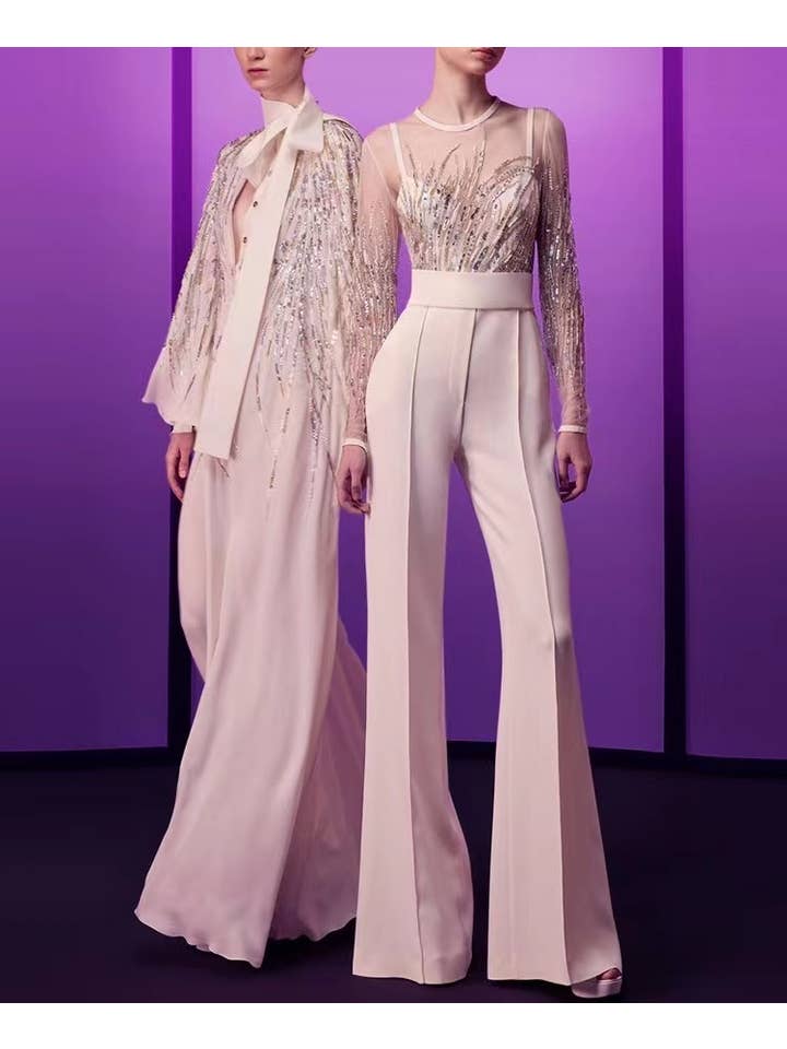 White JP009 Luxe Sequin & Diamond Mesh Jumpsuit for wholesale on Faire9