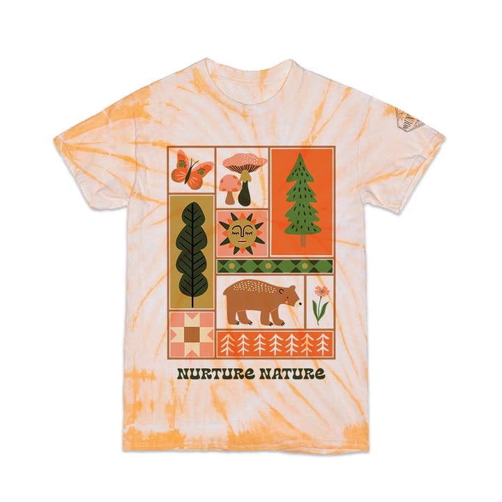 Tangerine Tie Dye Nurture Nature Patchwork Tee for wholesale on Faire