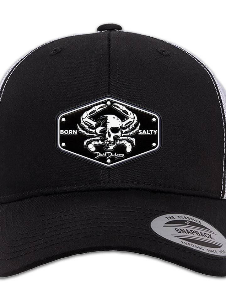 Born Salty Skull Crab 6 Panel Trucker Snap Back Black White Hat for wholesale by David Dunleavy