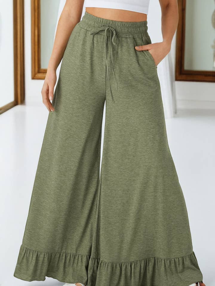 FB Ruffle Wide Leg High Waist Pants for wholesale by FASHION BLVD