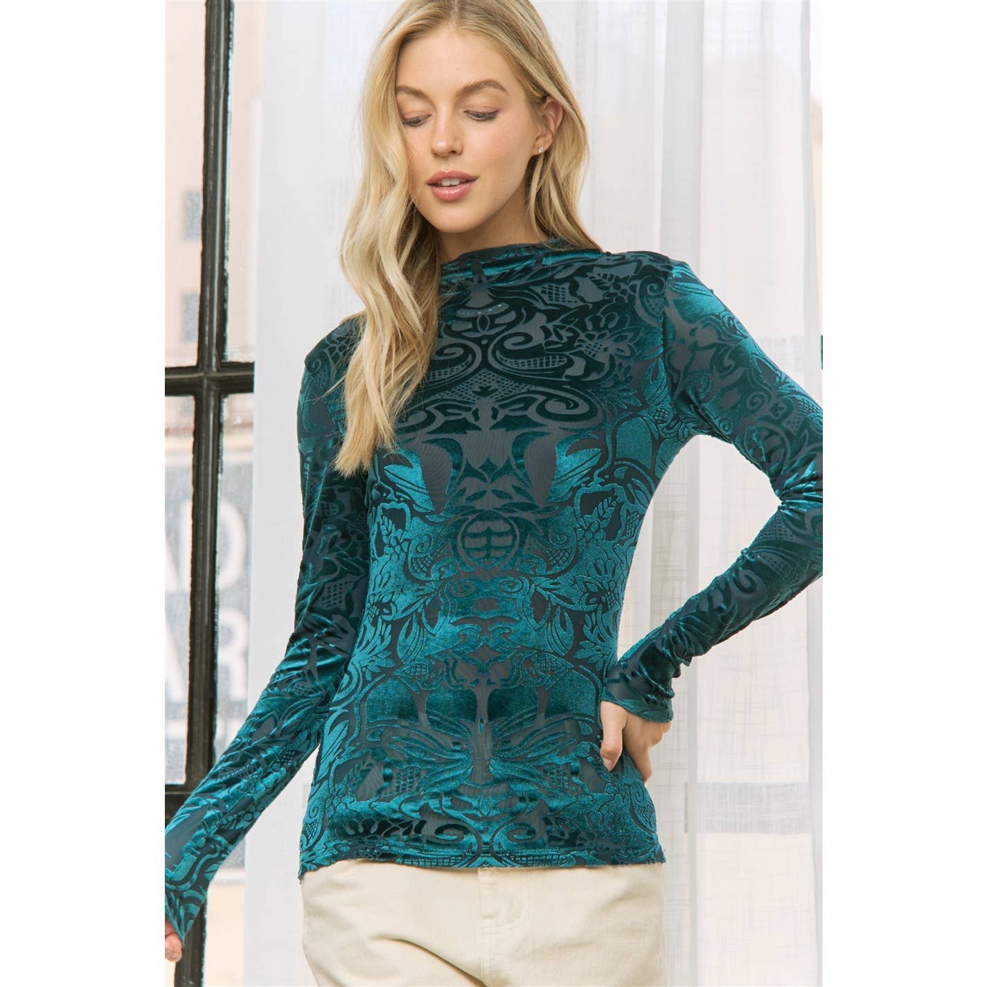 Sweet Generis - Wholesale Knit Top - Women's - VELVET BURN OUT SLIM FIT HIGH NECKLINE TOP1