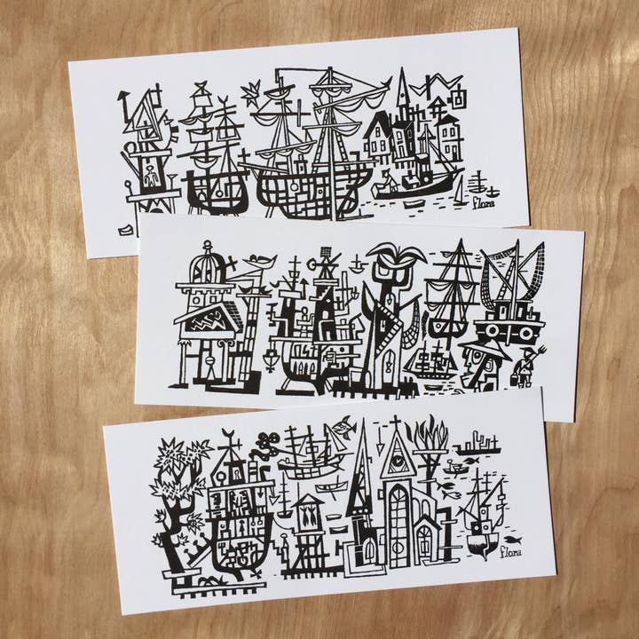 Jim Flora Ships Letterpress Flat Print avec enveloppe pour la vente par Pioneer House (formerly Yee-Haw)