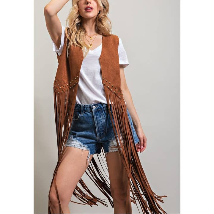 8917-3 FRINGE HEM LONG VEST WITH STUDDED DETAILED for wholesale by Coloring You