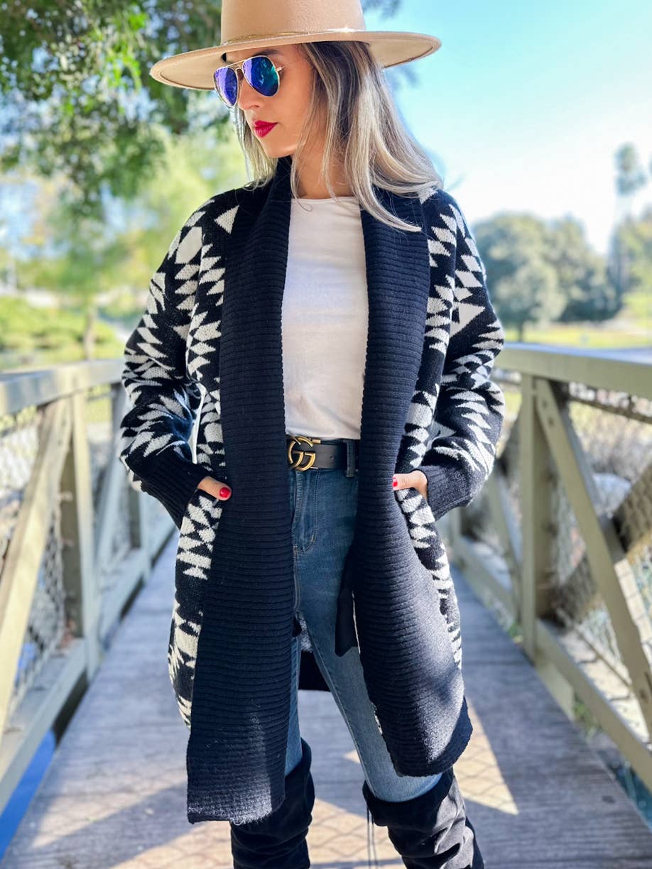 Black Aztec Printed Lightweight Cardigan with Pockets for wholesale on Faire0