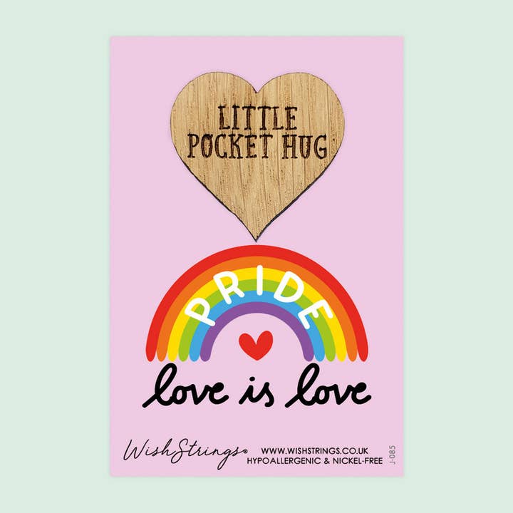 LOVE IS LOVE - Oak Pocket Hug Token | S020 for wholesale by WishStrings
