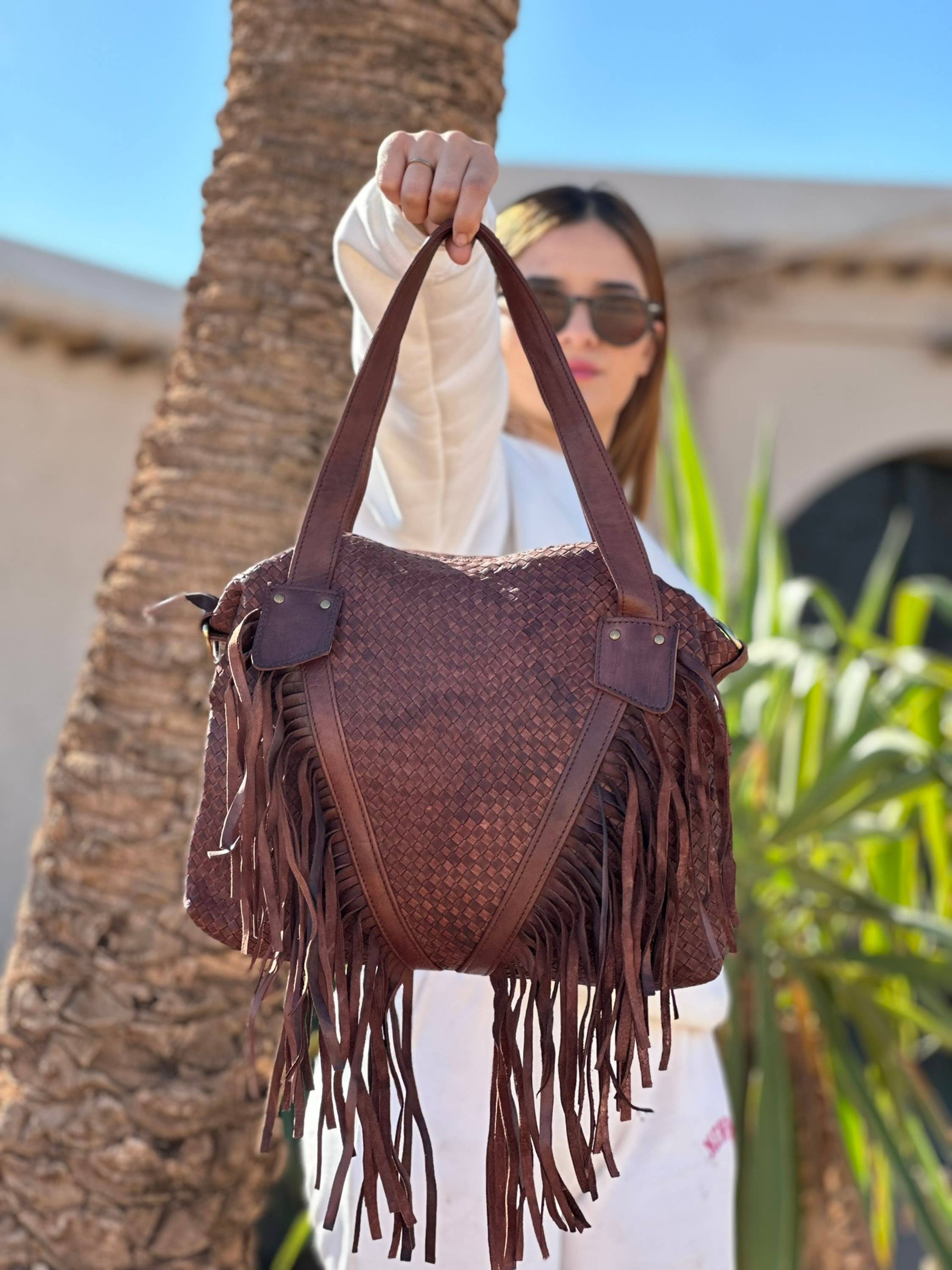 Berberwoolrug - Wholesale Schoudertas - Dames - Leren tas met geweven franjes, handgemaakte westerse gevlochten portemonnee15