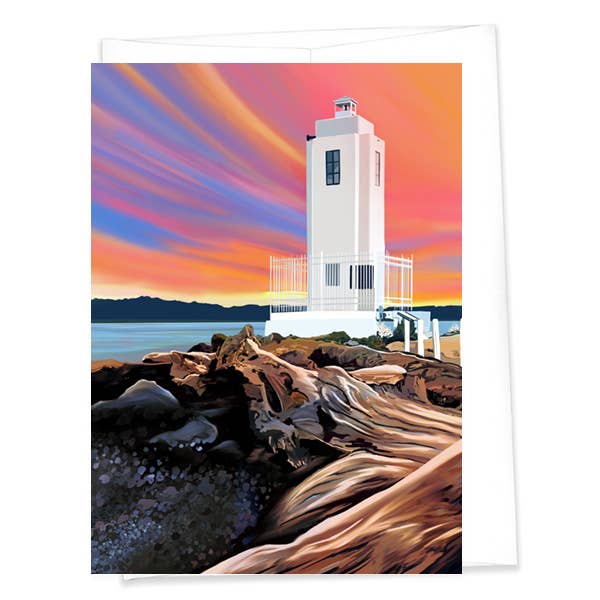 Linda Sholberg Art - Wholesale Everyday Greeting Card - Browns Point Lighthouse - Sunset Tacoma Greeting Card (5x7)