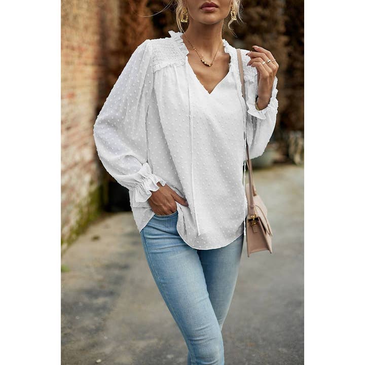 Elings - Wholesale Blouse - Women's - Swiss Dot Ruched Shoulder Hem Ruffle Blouse5