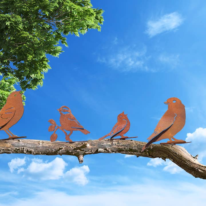 Rustic Set of 4 Birds Mounted on Fence / Branch for wholesale by California Home & Garden