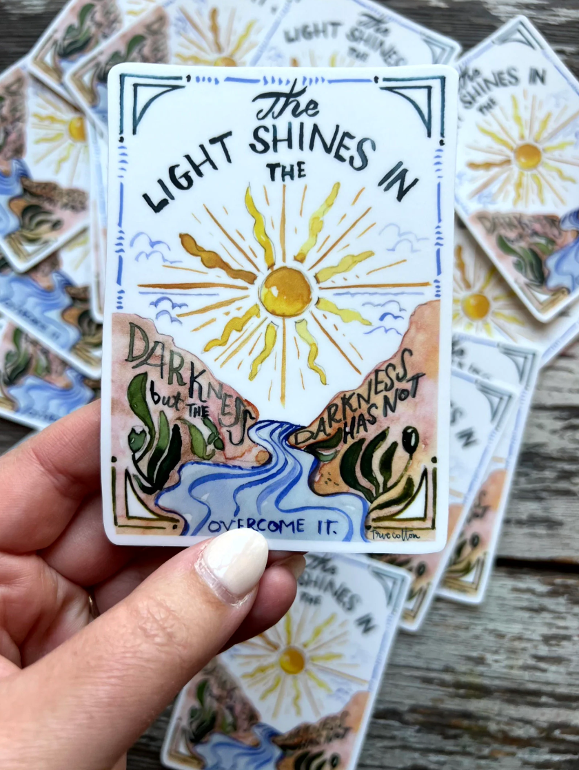 True Cotton - Wholesale Sticker - Boho Christian Scripture Sticker - John 1:5 sun mountains True Cotton1