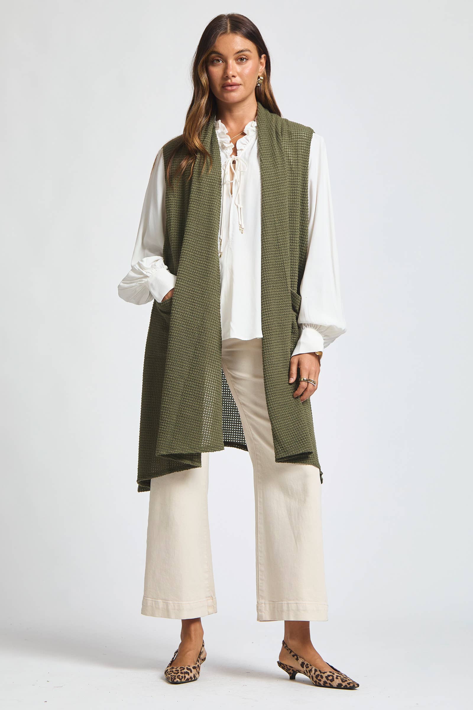 Dear Scarlett - Wholesale Outerwear Vest - Women's - Sleeveless Crochet Midi Vest Cardigan14