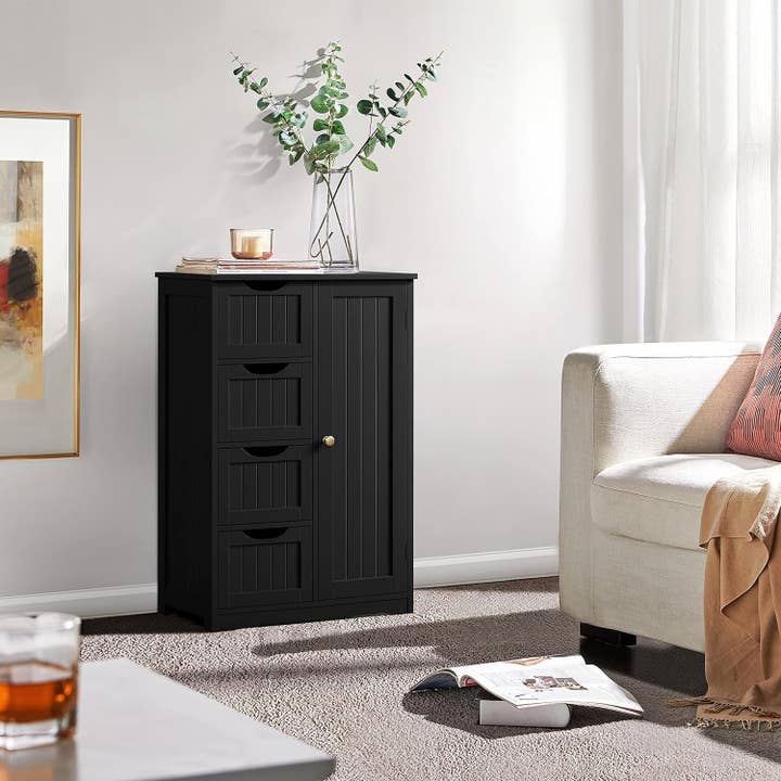 Black Wooden Bathroom Floor/Side Storage Organizer Cabinet with 4 Drawers and 1 Cupboard, Freestanding Entryway Storage Unit Console Table for Home Decor for wholesale on Faire3
