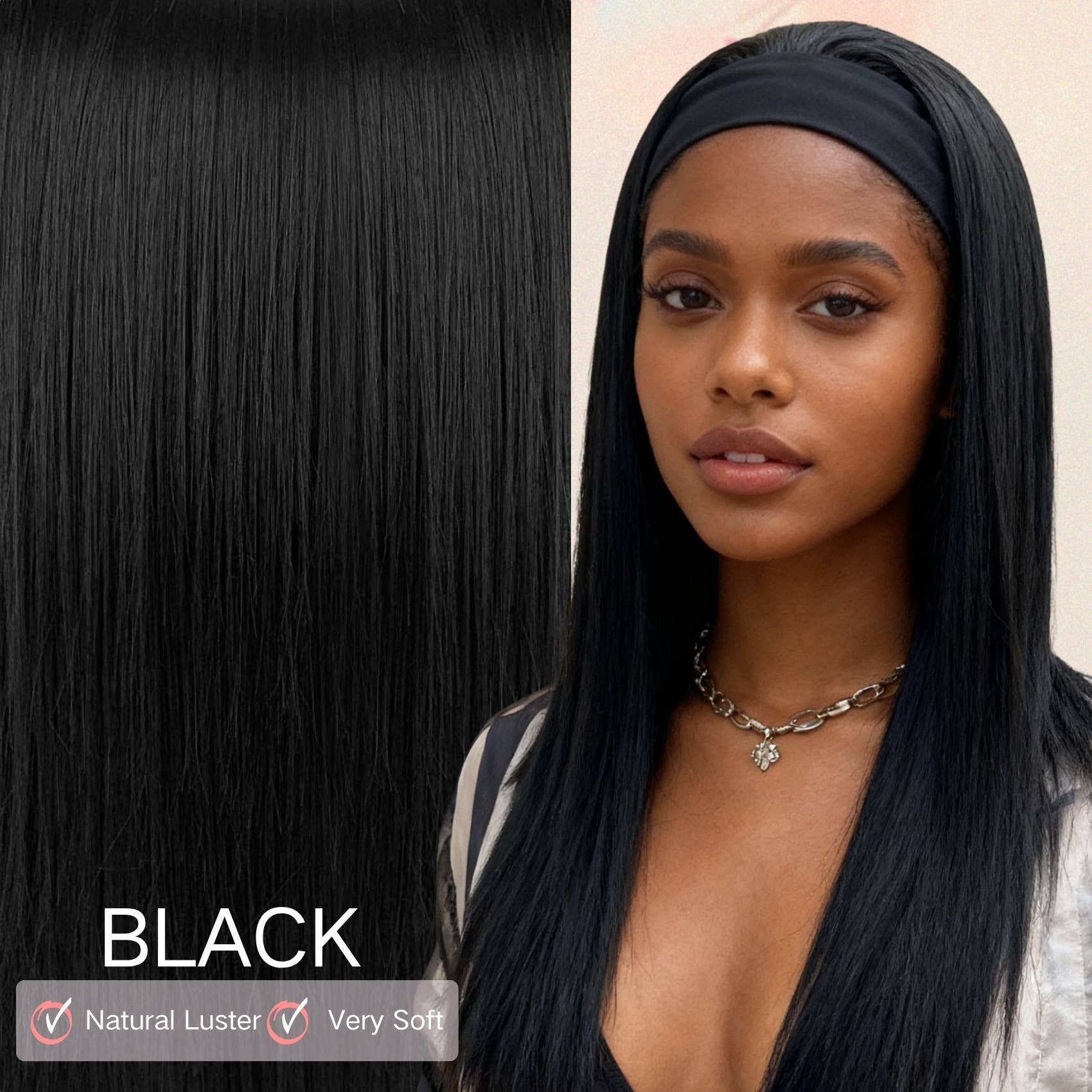 Black Straight Synthetic Headband Wig with Natural Shine Easy Fit for wholesale on Faire5