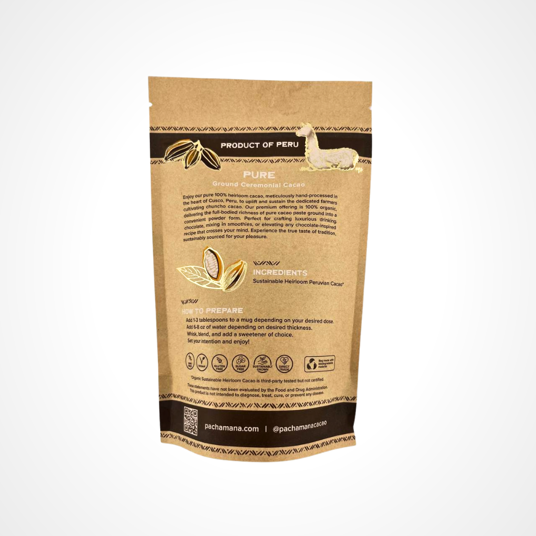 Pacha Mana Cacao - Wholesale Hot Cocoa Mix/Kit - Pure (Ground Cacao) Bag 8 oz. (1/2 lb) & 16 oz (1 lb)2