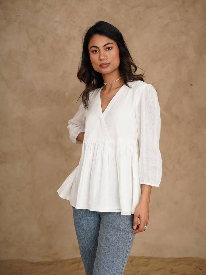 Cotton Textured V Neck Empire Waist Long Sleeve Boho Tunic for wholesale by Tailor Didi