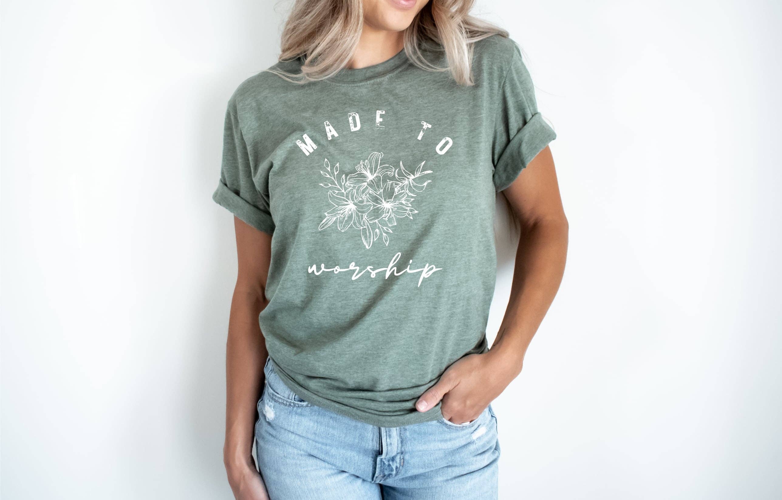 Fox and Owl Apparel-Graphic Tee's - Wholesale T-Shirt (Graphic) - Women's - Christian Olive Made to Worship Tultex Spring Graphic Tee