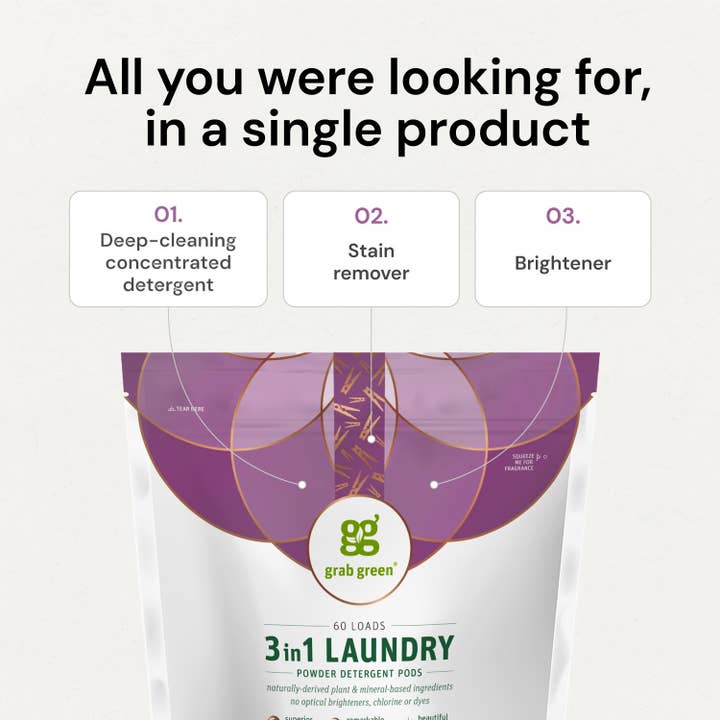 Grab Green - Wholesale Laundry Detergent Powder/Pods - 3 in 1 Laundry Detergent Pods, Fragrance Free, 60 Loads