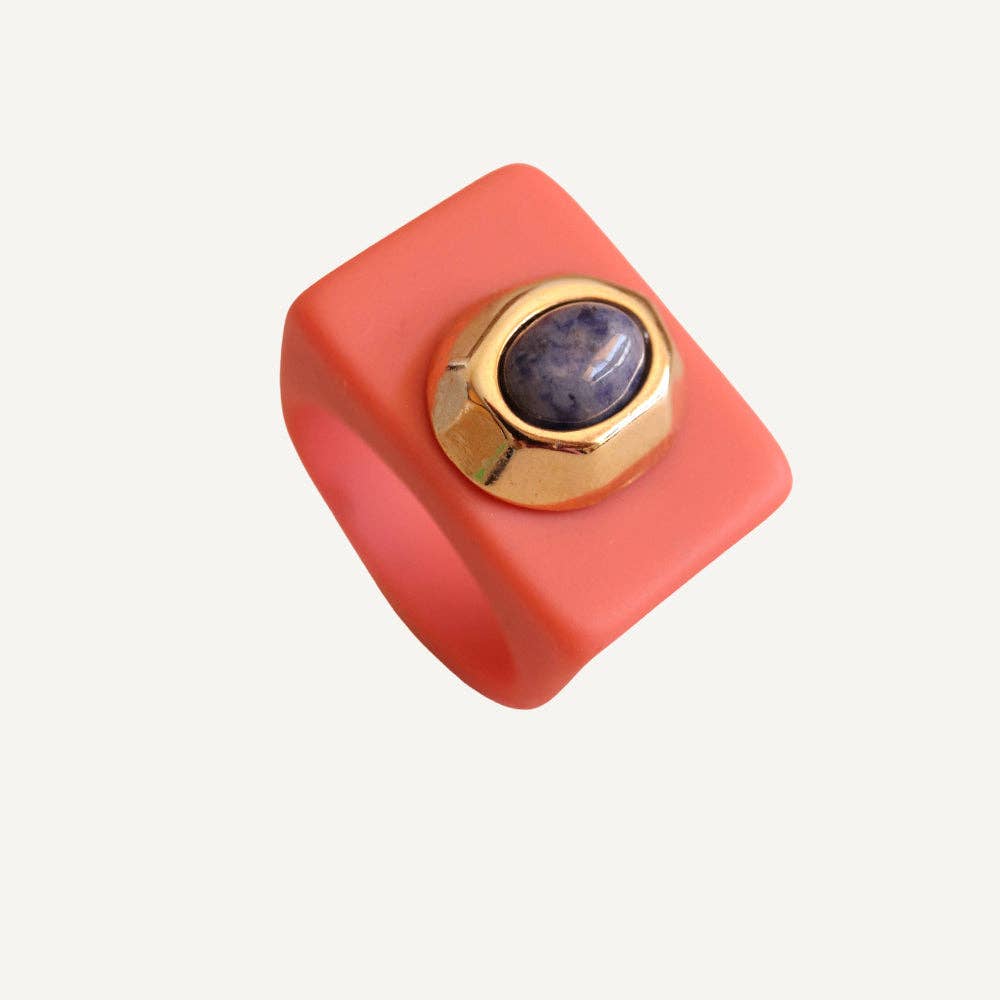 ÉMOLO - Wholesale Cocktail/Statement Ring - Coral women's ring with natural sodalite stone0