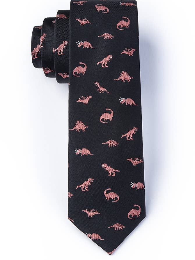 Coral Dinosaurs Roaming Skinny Tie - Black Microfiber for wholesale by Wild Ties