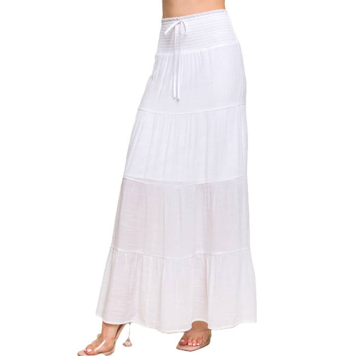 Smocked Maxi Skirt with Tiered Flow and Easy Fit Waist for wholesale by Blue Bunny Inc