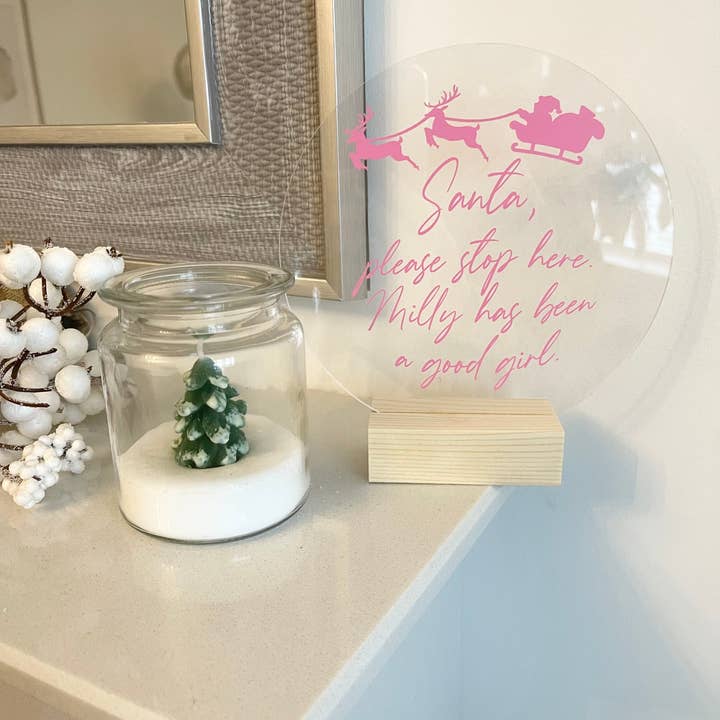 Santa Please Stop Here Custom Name Christmas Acrylic Plaque Sign With Wooden Base for wholesale by WinsterCreations™