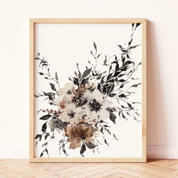 Black and Brown Neutral Organic Floral Art Print for wholesale by Paperbec Design Co.
