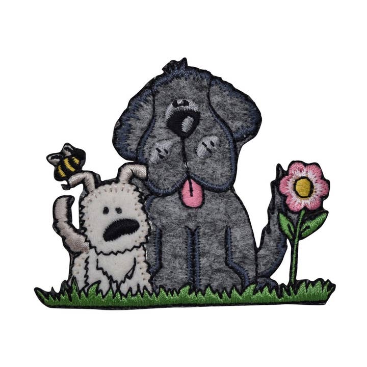 Wholesale Applique - Wholesale Patch - Two Puppy Dogs with Flower - Iron on Embroidered Patch0